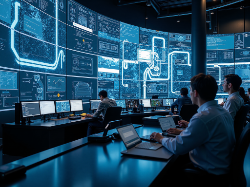 现代办公环境中的技术人员正在讨论网络架构方案，多个显示器显示复杂的技术图表，蓝色背景，明亮自然光